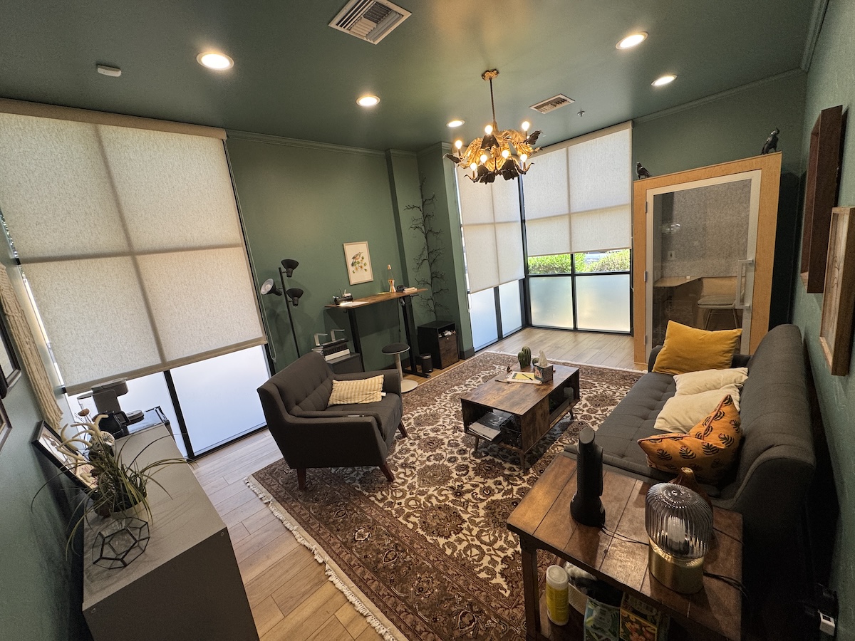 Inside South Valley Psychiatry — a warm consultation room with dark sofas, a Persian rug, green walls, and a decorative chandelier in Gilbert, AZ